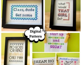 Small digital (PDF) custom sampler-style cross-stitch pattern (up to 5&quot;x7&quot;)