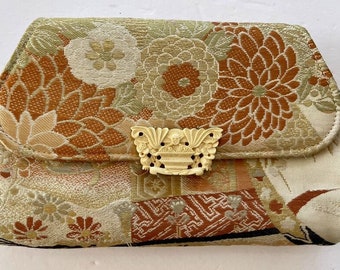 Vintage Gump's Japanese Silk OBI Brocade Handbag Clutch Figural Clasp