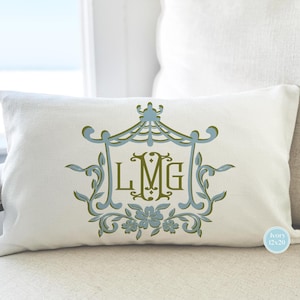 MONOGRAM PILLOW COVER, Coastal Blue and Grove Green Pagoda Frame, Chinoiserie, No Insert Included, Coastal Grandmother, Preppy Decor