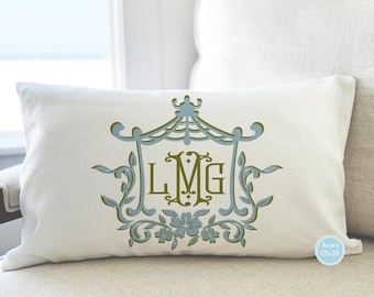 MONOGRAM PILLOW COVER, Coastal Blue and Grove Green Pagoda Frame, Chinoiserie, No Insert Included, Coastal Grandmother, Preppy Decor