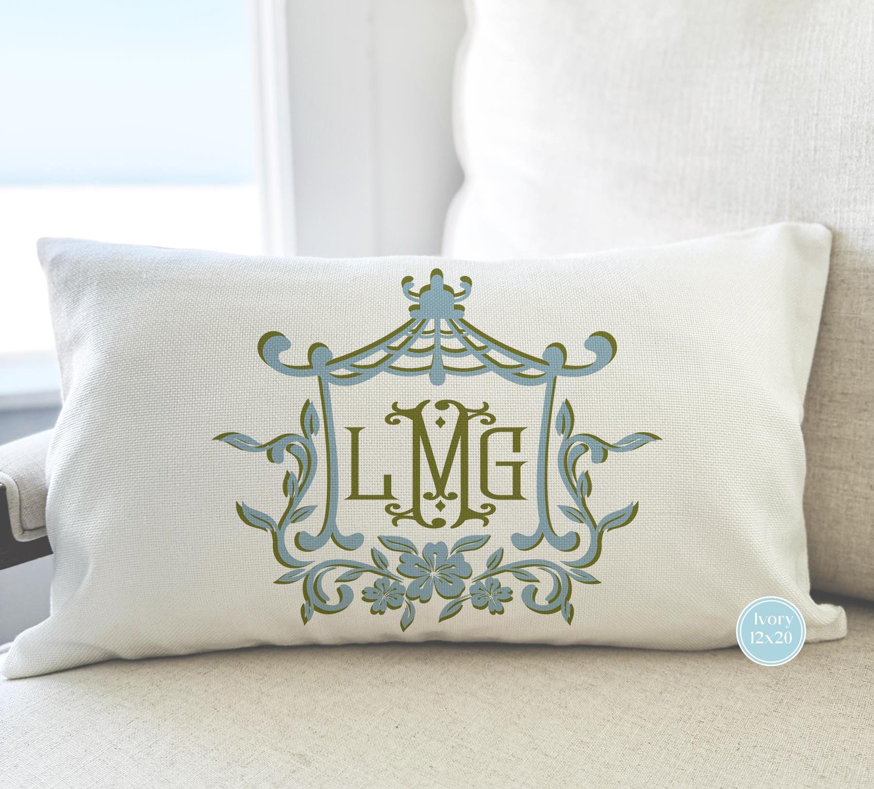 MONOGRAM PILLOW COVER, Coastal Blue and Grove Green Pagoda Frame, Chinoiserie, No Insert Included, Coastal Grandmother, Preppy Decor