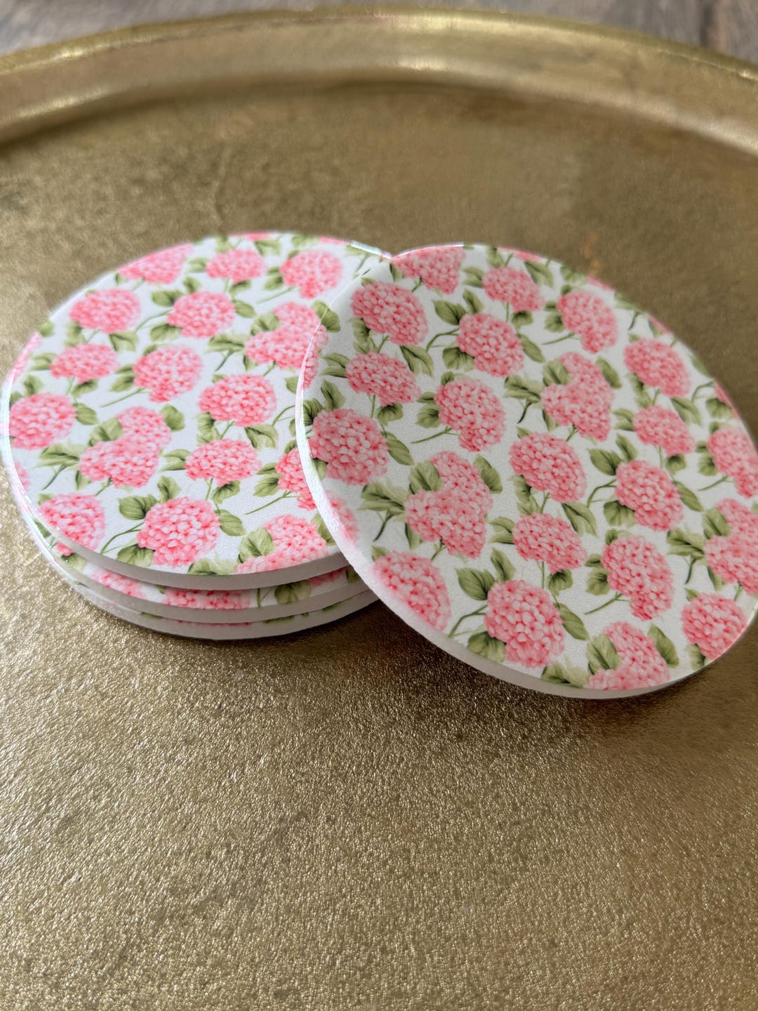 Pink Coaster Set PINK HYDRANGEA Floral Coaster Set, Grandmillennial Decor, Round Coaster ...