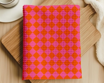 PINK and ORANGE CHECKERBOARD Weave Towel, Modern Kitchen Decor, Grandmillennial Kitchen, Contemporary Pink and Orange Decor