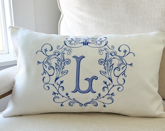 FRENCH COUNTRY MONOGRAM Pillow Cover, French Cottage Personalized PIllowcase, Victorian Crest, Initial Pillow Cover, Insert Not Included