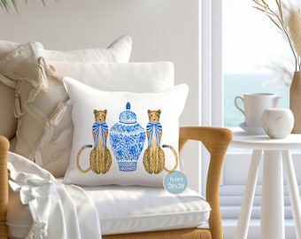 CHEETAH CHINOISERIE PILLOW Cover, Ginger Jar, Blue and White Decor, Grandmillenial Preppy Decor, No InsertName Pillow