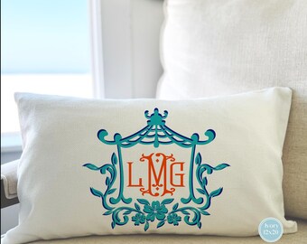 PREPPY MONOGRAM PILLOW Cover, Blue Green and Orange Pagoda Frame, Chinoiserie Monogram Pillow Cover, No Insert Included, Preppy Room Decor
