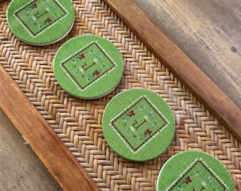 MONOGRAM HOLIDAY CREST Coasters, Personalized Christmas Decor, Grandmillennial Christmas, Traditional Decor
