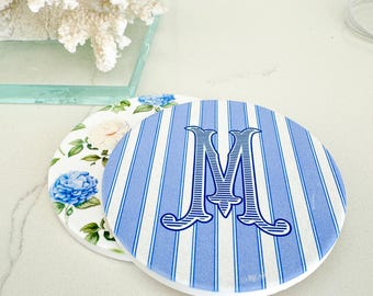 BLUE AND WHITE Monogram Coaster Set, Blue and White Lover, Preppy Monogram, Round Coaster Set, Coastal Chic Barware, Set of 4