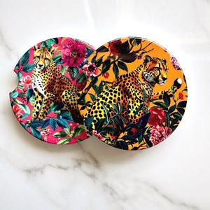 CHEETAH FLORAL CAR Coasters, Floral Leopard print, Car Accessories, Cup Holder, Maximalist Grandmillennial Design, Tropical Coaster