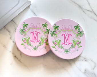 PREPPY PALM BEACH Monogam Coasters, Set of 4, Grandmillennial Decor, Beach House Kitchen, Wedding or New House Gift