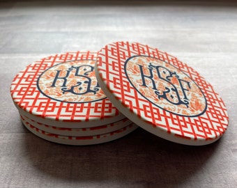 MONOGRAM COASTER SET, Orange and Blue Chinoiserie, Preppy Monogram, Round Coaster Set, Chinoiserie Initials, Orange Toile, Set of 4