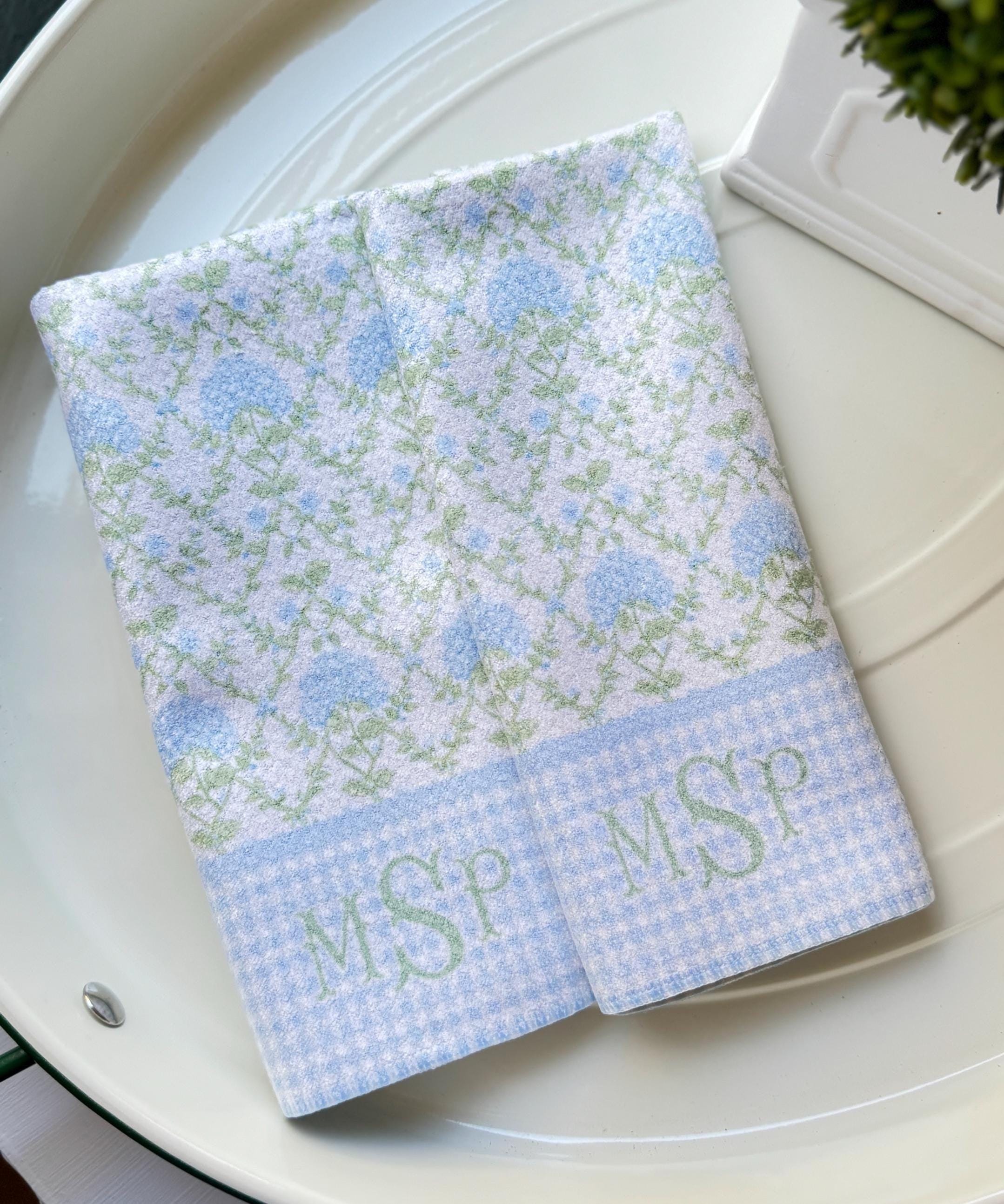 MONOGRAM HYDRANGEA WAFFLE Weave Towel, Personalized Towel, Blue and White Gingham, Wedding Gift, Dorm Kitchen, Grandmillennial Decor
