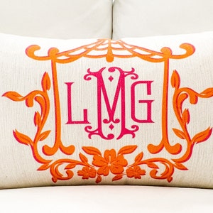 MONOGRAM PILLOW COVER, Pink and Orange Pagoda Frame, Chinoiserie, No Insert Included, Grand Millenial, Coastal Grandmother, Preppy Decor