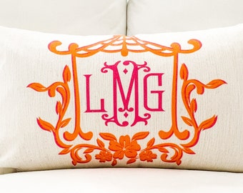 MONOGRAM PILLOW COVER, Pink and Orange Pagoda Frame, Chinoiserie, No Insert Included, Grand Millenial, Coastal Grandmother, Preppy Decor