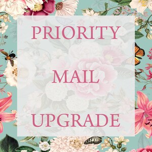 Könnte beinhalten: Ein florales Design mit einem weißen Rechteck in der Mitte. Das Rechteck enthält den Text "PRIORITY MAIL UPGRADE" in rosa.