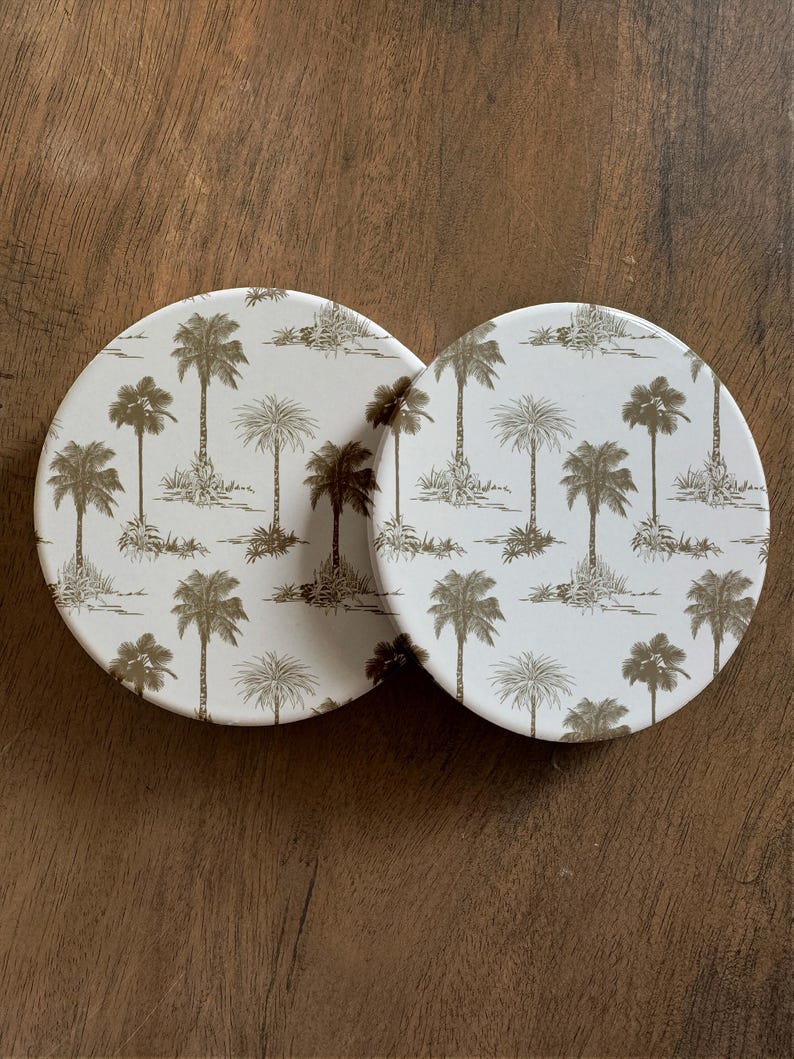 Neutral Palm Toile Ceramic Coasters - Thumbnail 4