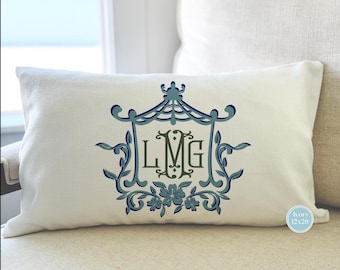 MONOGRAM PILLOW COVER, Aqua Blue, Navy, and Green Pagoda Frame, Chinoiserie, No Insert Included, Coastal Grandmother, Preppy Decor