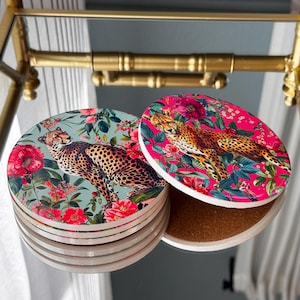 CHEETAH FLORAL COASTER Set, Maximalist Cheetah Barware, Grand Millennial, Glossy Coasters