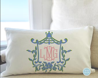 MONOGRAM PILLOW COVER, Pink, Green and Blue Pagoda Frame, Chinoiserie, No Insert Included, Coastal Grandmother, Preppy Decor
