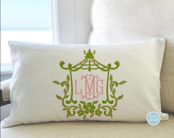 MONOGRAM PILLOW COVER, Pink and Green Pagoda Frame, Chinoiserie, No Insert Included, Coastal Grandmother, Preppy Decor