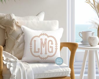 MONOGRAM PILLOW COVER, Pink and Tan Antique Frame, Chinoiserie, No Insert Included, Coastal Grandmother, Preppy Decor, Dorm Pillow