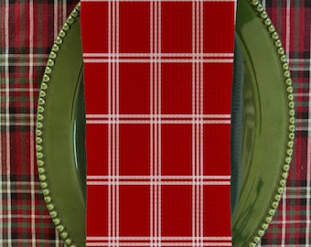 RED HOLIDAY PLAID Waffle Weave Towel, 2 Sizes, Christmas Kitchen Decor