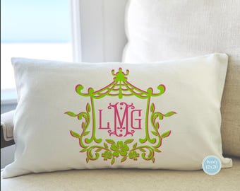 PREPPY MONOGRAM PILLOW Cover, Lime Green and Pink, Pagoda Frame Personalized Lumbar Pillow, Chinoiserie Monogram, Name Pillow