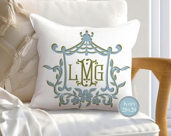 PREPPY MONOGRAM PILLOW Cover, Blue and Green, Chinoiserie Pagoda, Decorative Pillow Cover, Coastalgrandmother, Beach House Decorful