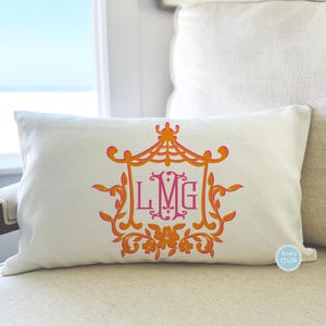 MONOGRAM PILLOW COVER, Pink and Orange Pagoda Frame, Chinoiserie, No Insert Included, Grand Millenial, Coastal Grandmother, Preppy Decor