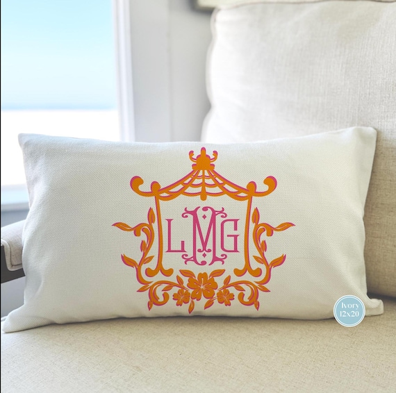 MONOGRAM PILLOW COVER, Pink and Orange Pagoda Frame, Chinoiserie, No Insert Included, Grand Millenial, Coastal Grandmother, Preppy Decor