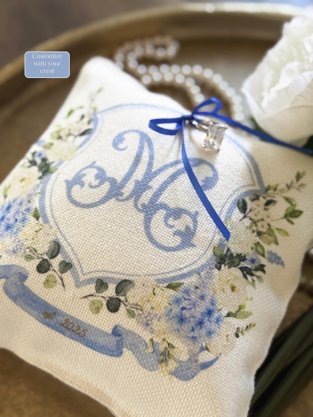 CUSTOM WEDDING CREST Ring Pillow, Personalized Ring Bearer Pillow, Printed Wedding Crest, Keepsake Heirloom, Something Blue