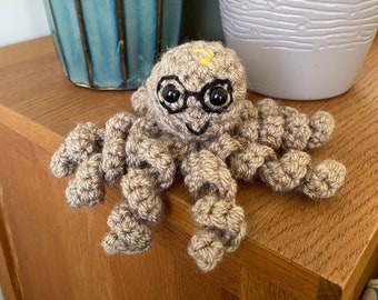 Crochet Harry Potter inspired handmade octopus teddy. Knitted wizard worry pet desk buddy kawaii plushie.