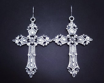 Gothic Silver Cross Earrings 021