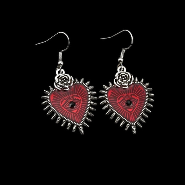 Silver/Red Sacred Heart Earrings