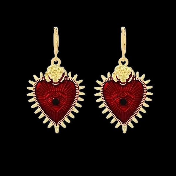 Gold/Red Sacred Heart Earrings
