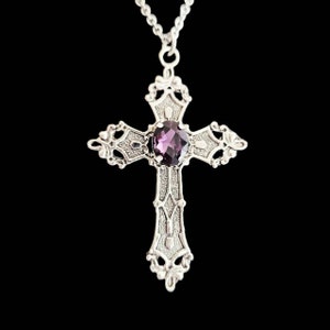 18&quot; Silver Gothic Cross Necklace 021-PURPLE