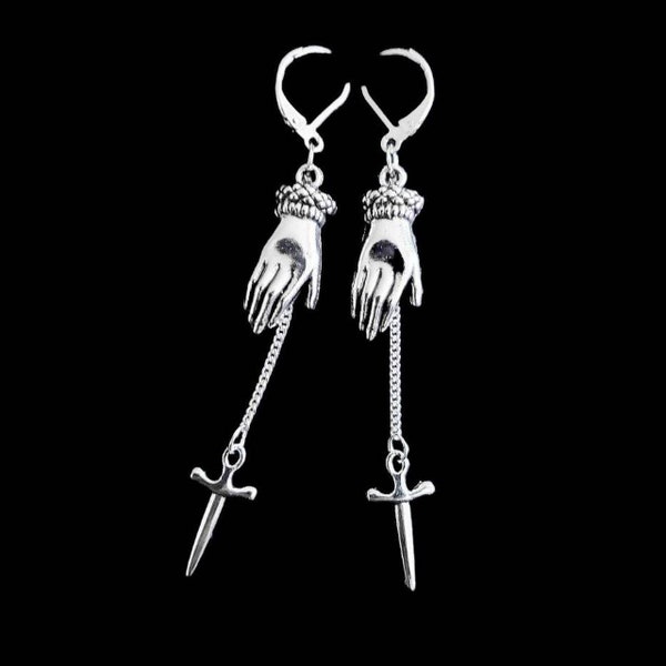 Silver Hand Dagger Chain Earrings