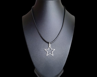 16" Silver Hollow Star Necklace - Black Cord
