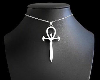 Silver Gothic Ankh Pendant Choker Necklace