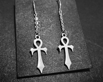 Silver Gothic Ankh Chain Drop Earrings