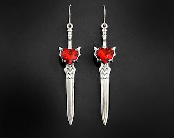 Gothic Crystal Heart Sword Earrings - RED