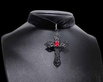 Black/Red Velvet Cross Choker 021