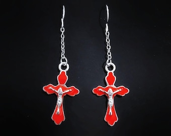 Red Crucifix Chain Earrings