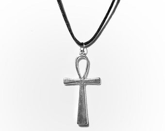 16" Silver Ankh Pendant Necklace - Black Cord
