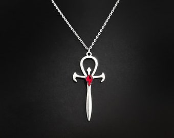 18" Red Crystal Gothic Ankh Necklace