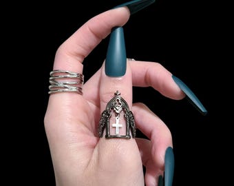 Gunmetal Cross Charm Cathedral Ring - SS