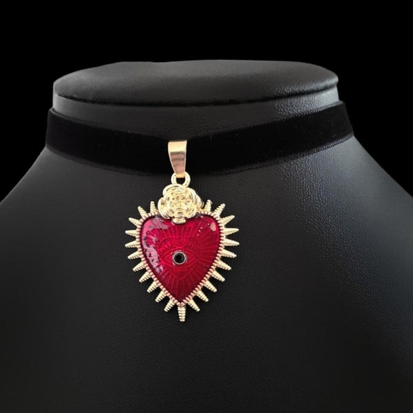 Rot Gold Samt Choker mit Sacred Heart