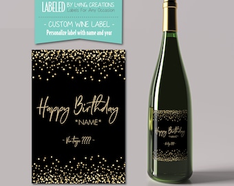 happy birthday wine label - custom birthday gift - birthday label - gift for her - gold sparkle - personalized label - waterproof label