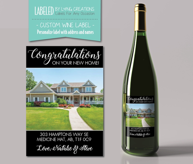 house warming wine label gift for new home owner congratulations label realtor gift custom photo wine label personalized label image 1