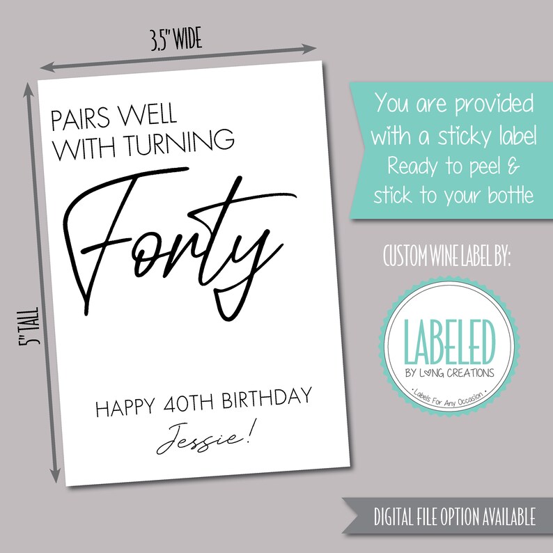 40th birthday gift forty pairs well with turning 40 personalized birthday wine label gift idea for him / her happy birthday label image 5